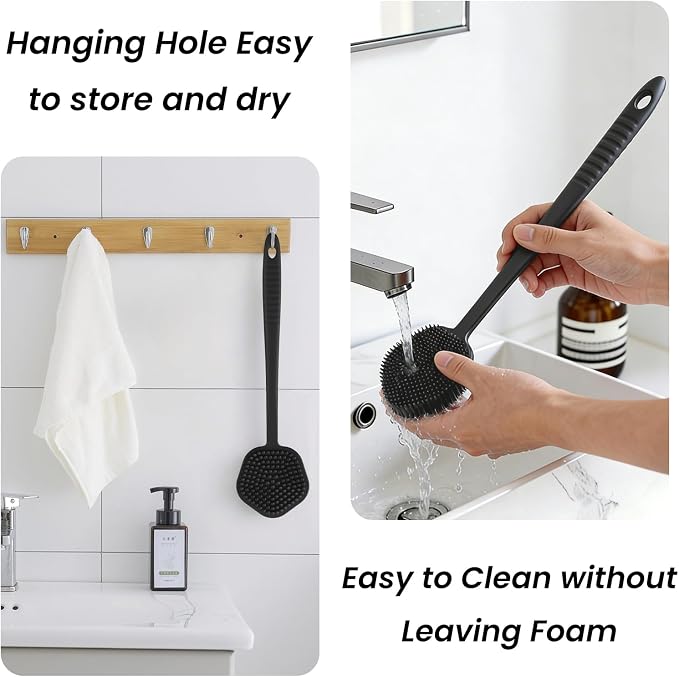Redfly Silicone Back Scrubber for Shower Brush, 17.5 inch Long Handled Silicone Body Scrubber for Men & Women, Double Sided Shower Scrubber for Body Brush Exfoliator and Massage, Black