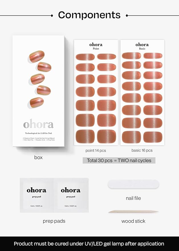 ohora Semi Cured Gel Nail Strips (N Golden Hour) - Works with Any Lamps, Salon-Quality, Long Lasting, Easy to Apply & Remove - Includes 2 Prep Pads, Nail File & Wooden Stick