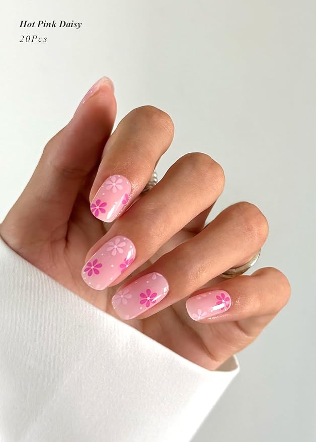 Semi Cured Gel Nail Strips (Hot Pink Daisy), 20 Pcs Gel Nail Wraps, Stickers, Salon Quality, Sun-Cured or UV-Cured