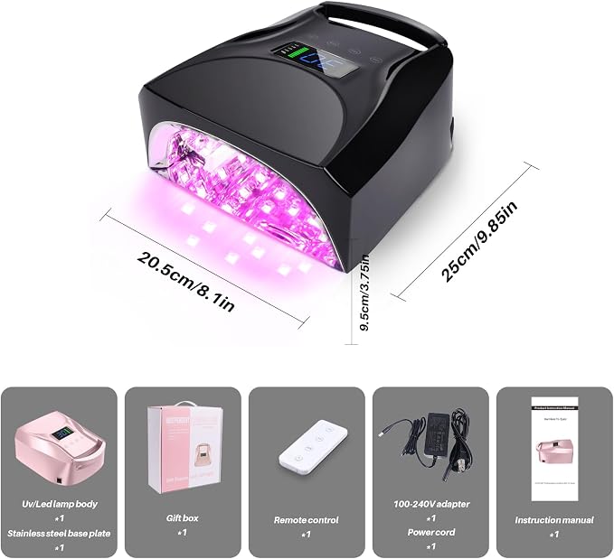 52 LEDs Cordless UV Nail Lamp, 96W High Power, Magnetic Mirror Base,Thumb Light,4 Timers, Auto Sensor, Key Sound, Built-in Cooling Fan,Remote Control Professional UV Light for Gel Nails(Black)
