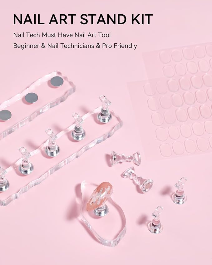 Makartt Press on Nail Stand for Nail Art Practice and Display | 10PCS Strong Magnetic Tip Holders with 2 Clear Bar Bases, 1 Cloud Nail Holder & 200 Adhesive Tabs for Beginners, Nail Tech