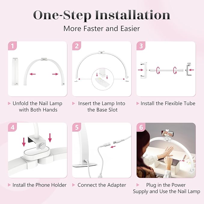 Yokilly Half Moon Light for Nail Desk: 29" Foldable Nail Light for Desk | Arch Nail Tech Light with Phone Holder for Beginner - 3 Color Modes & 10 Brightness for Manicure Salon-White