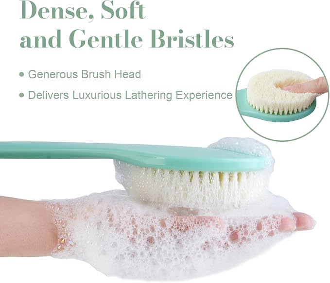 Back Scrubber for Shower, Shower Body Brush for Cleaning with Long Handle for Showering, 17 Inch Back Washer Exfoliator for Shower Men Women with Non-Slip Handle, Adhesive Hook (Celadon Green)