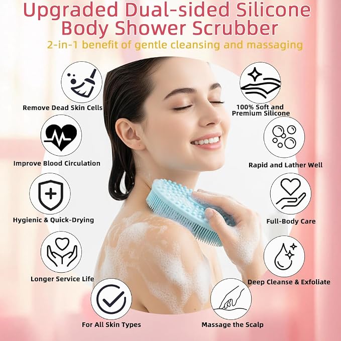 Silicone Body Scrubber 3 Pack Silicone Loofah Exfoliating Body Scrubber Soft Silicone Shower Brush with Handle Double Sided Bath Body Brush for Women Men Cleaning Massage Sensitive Skin, Lather Well