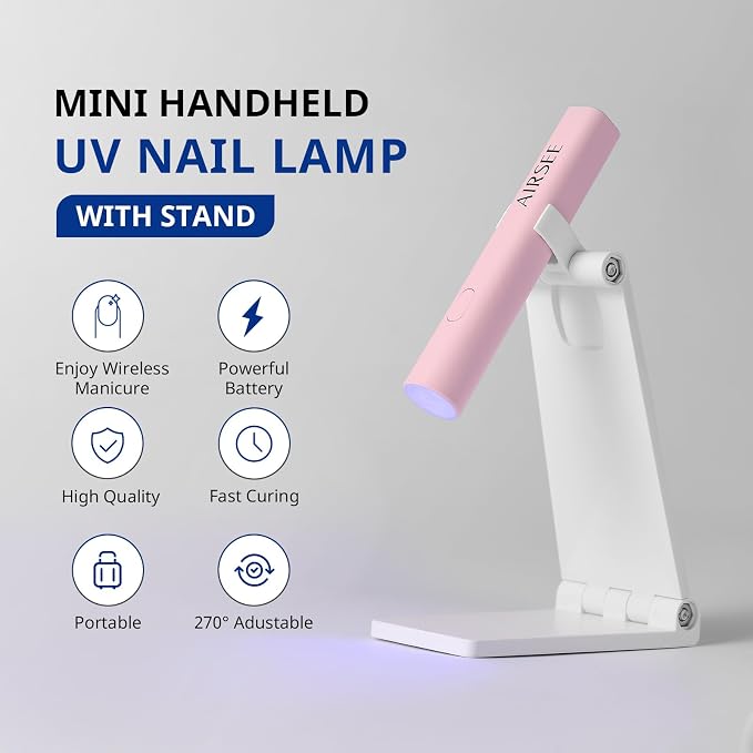 AIRSEE Mini Handheld UV Light for Gel Nails with Stand, Home & Travel,Pink | 2 Timers & Cordless,Portable Rechargeable Nail Lamps for Fast Extension,Rhinestone Glue Decoration,Gel Nail Strips