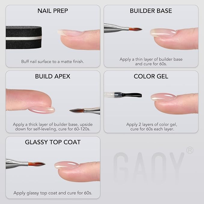 GAOY 30g Gel Top and Builder Base Set, Non-Yellowing, Cure Needed, 2 Pcs | Non-Yellowing Glassy Top Coat and Ultra-Adhesive Builder Base, 2 Pcs 30g Big Volume with Nail Brush, Crystal Clear Finish