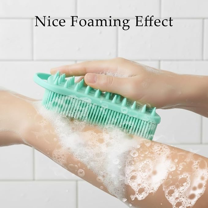 2 PCS Soft Silicone Body Scrubber, 2 in 1 Exfoliating Shower Bath Scrubber, Silicone Loofah Bath and Shampoo Brush Body Shower Use Shower Hair Scalp Massager, Easy to Clean, Lather Well (Black&Green)