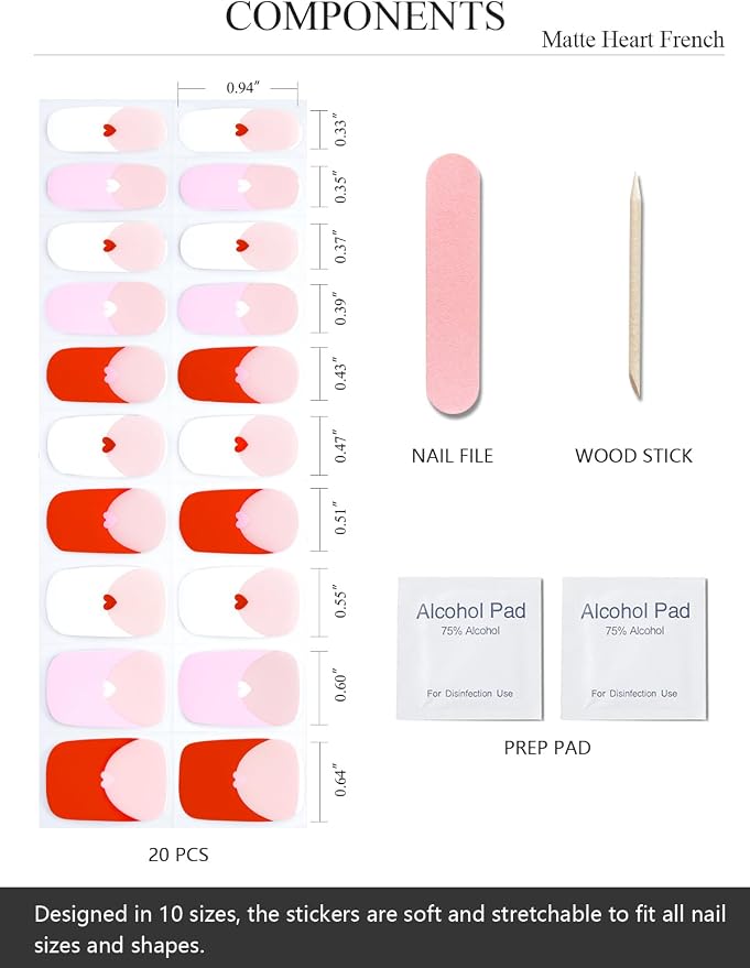 Semi Cured Gel Nail Strips (Matte Heart French), Valentine's Day French, 20 Pcs Gel Nail Wraps, Stickers, Works with Any UV Lamps