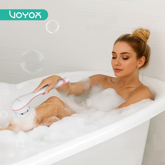 VOYOR Electric Body Brush Back Scrubber for Shower for Women Rechargeable | Exfoliating Bath Brush Powered Shower Brush with Non-Slip Long Handle Deep Cleansing, Exfoliating, Massage Brush, BC100, Pink