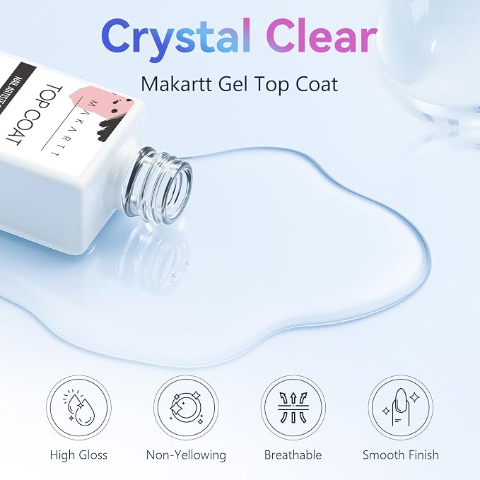 Makartt Gel Top Coat 2 Pcs No Wipe High Glossy Shine Finish | Long Lasting Top Coat Gel Nail Polish Clear Soak Off UV Nail Lamp, Salon Quality Art Design for Home Use Gift 10ML