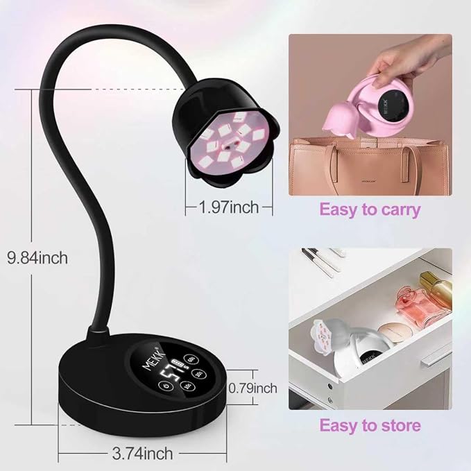 MEKK Flash Cure Nail Lamp,30W Cordless Mini UV Light for Gel Nails | Gooseneck, auto sensor, 4 timers, fast flash curing Light,no harm,portable, usb-c, dual uv led light, salon & home, black