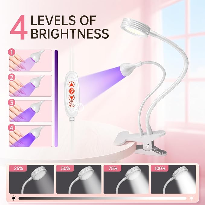 UV Nail Lamp with LED Lighting Fixtures, Single Nail Dryer | UV Light for Gel Nails, Flash Cure Nails Lamp, Gooseneck Clamp Home and Salon, 395+400nm White