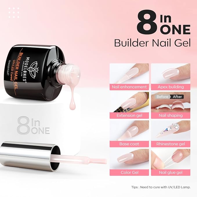 modelones Base Coat Builder Nail Gel, 2 Pcs Cover Nude and Rose Pink Gel | Builder for Thickening Apex Building 8-in-One Rubber Color Base Polish Extension LED Lamp Cured 10 ml DIY Home Salon