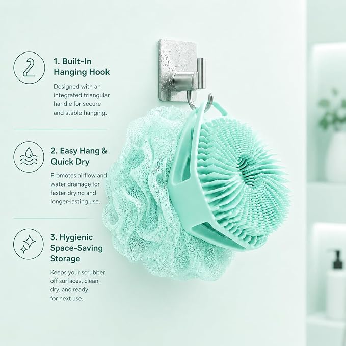2-in-1 Silicone Body Scrubber & Mesh Loofah Sponge – Exfoliating Silicone Shower Scrubber with Soft Loofa Puff, Bristles, Non-Slip Grip, Quick Dry, Hygienic Body Scrubber for Women & Men