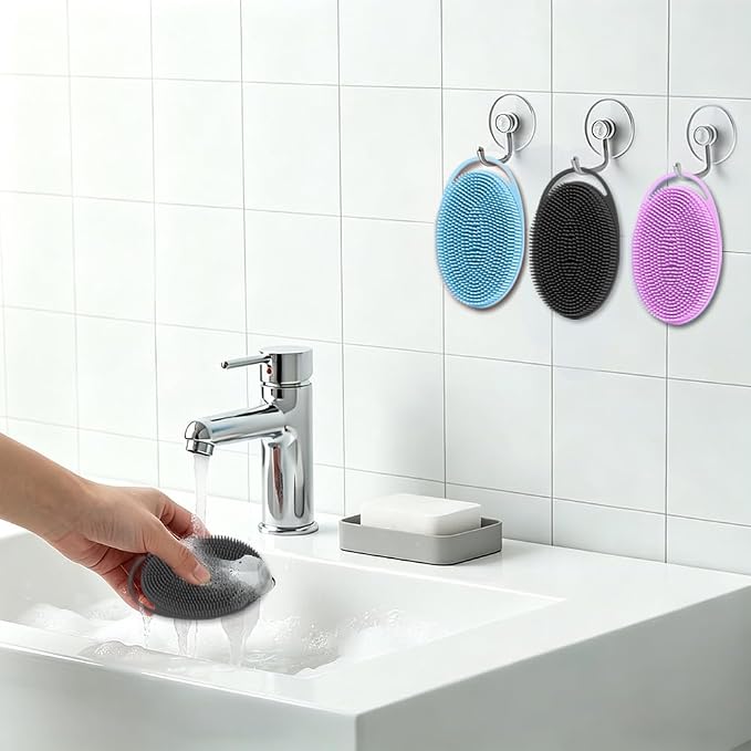 Silicone Body Scrubber 3 Pack Silicone Loofah Exfoliating Body Scrubber Soft Silicone Shower Brush with Handle Double Sided Bath Body Brush for Women Men Cleaning Massage Sensitive Skin, Lather Well