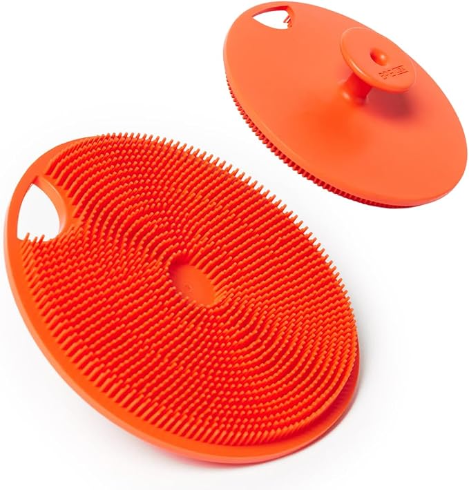 Boie USA Body Scrubber with Handle - Hygienic, Exfoliating Loofah Alternative - Feels Like Silicone Scrubber Gentle on Sensitive Skin, Hypoallergenic, BPA & Latex-Free, Made in the USA (Orange)