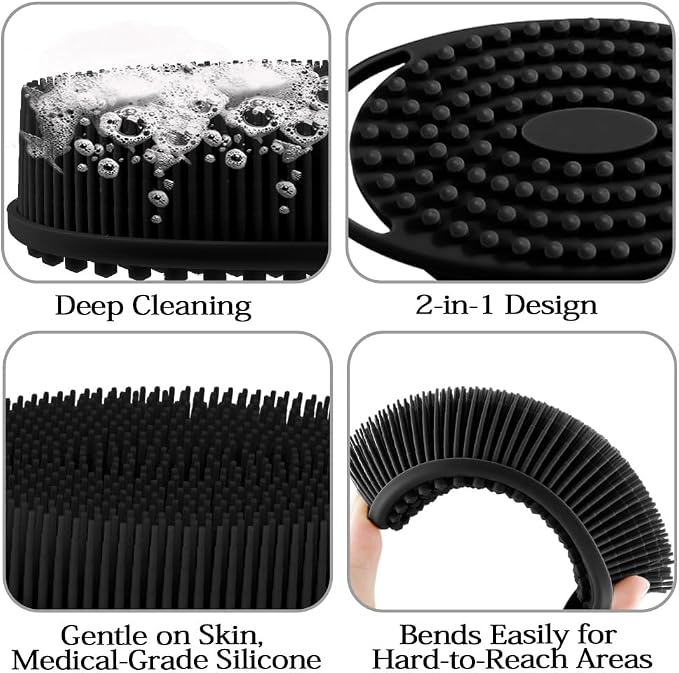2 Pack Silicone Body Scrubber with Loofah Exfoliating Soft Body Shower Scrubber for Skin, 2 in 1 Bath and Shampoo Wash Brush for Skin Exfoliation Men Women (Black&Pink)