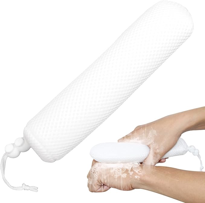 Back Bath Brush with Sponge, 15.35"Back Scrubber with Anti-Slip Long Handle | Back Scrubber for Shower, Curved Long Handle Bath Body Brush for Elderly Aid Bathing and Shower, Exfoliating Body Scrubber