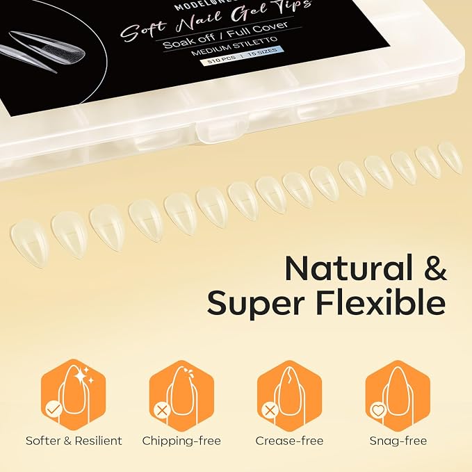 Modelones Medium Stiletto Nail Tips 510pcs Pre-etched Soft Clear Press Ons | Half Matte Full Cover Clear Acrylic Gel Kit False Press on Nails for Extension DIY Salon 15Sizes