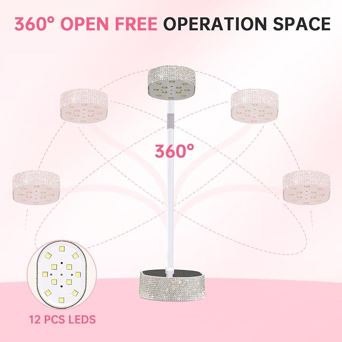Flash Cure Nail Lamp, UV Nail Lamp for Gel Nail, Cordless, LCD, Auto Sensor | 36W | Type-C | 1500mAh | Rhinestone | Mini Size | Gooseneck | Easy to Carry | DIY Manicure | White Diamond