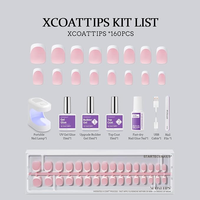 BTArtboxnails XCOATTIPS White French Tip Press On Nails, XS Squoval, Pink | Lamp-Curable, 4-Week Wear, Salon Quality Value at Home, 160 Nail Tips, Glue, Builder Gel, Top Coat, Nail Lamp, All-in-one Kit