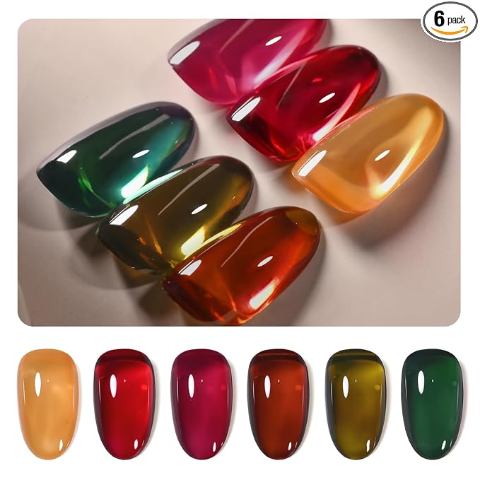 GAOY Jelly Gel Nail Polish Set, 6 Colors Red Green Brown Yellow Pink UV Gel | Layer with Cat Eye, Buildable Color, UV Lamp Required, Easy to Apply, Long Lasting, Christmas Nails, Gift for Women