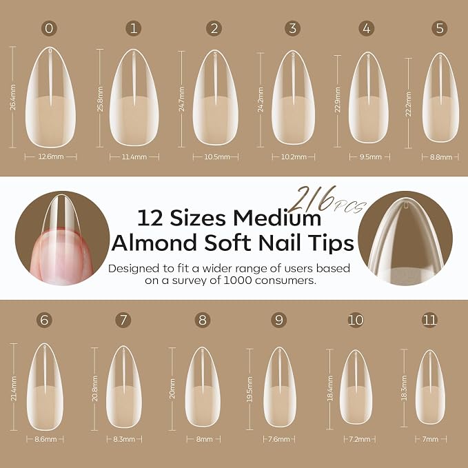 Modelones Medium Almond Nail Tips Pre-shaped Full Cover Fake Nails Soft Gel | Acrylic Clear Press on Extension Kit Gel Manicure DIY at Home 216PCS 12Sizes