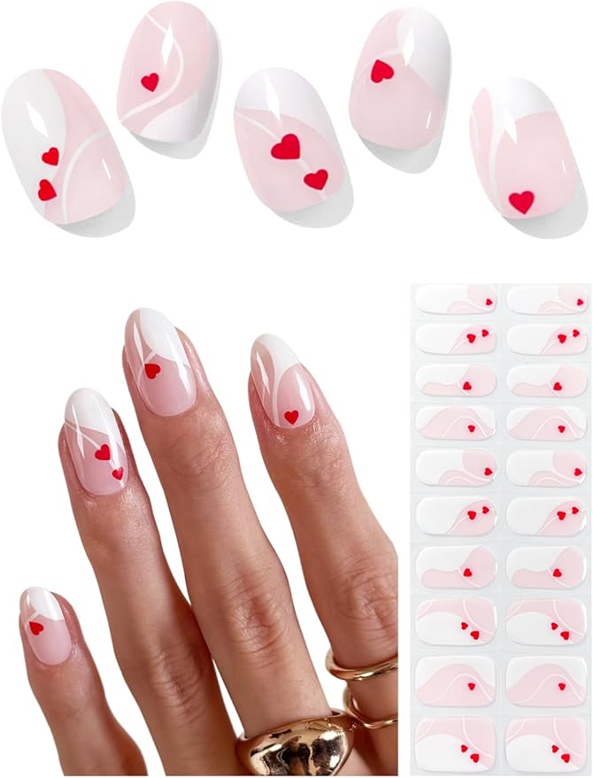 Semi Cured Gel Nail Strips (Soft Heart), Valentine's Day French, 20 Pcs Gel Nail Wraps, Stickers, Salon Quality, Works with Any UV Lamps