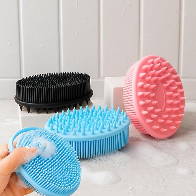 All-in-One Exfoliating Shower Brush – Gentle Silicone Loofah for Sensitive Skin with Dual-Purpose Scalp Massage for Spa-Quality Showers Daily (1pck) (Pink)