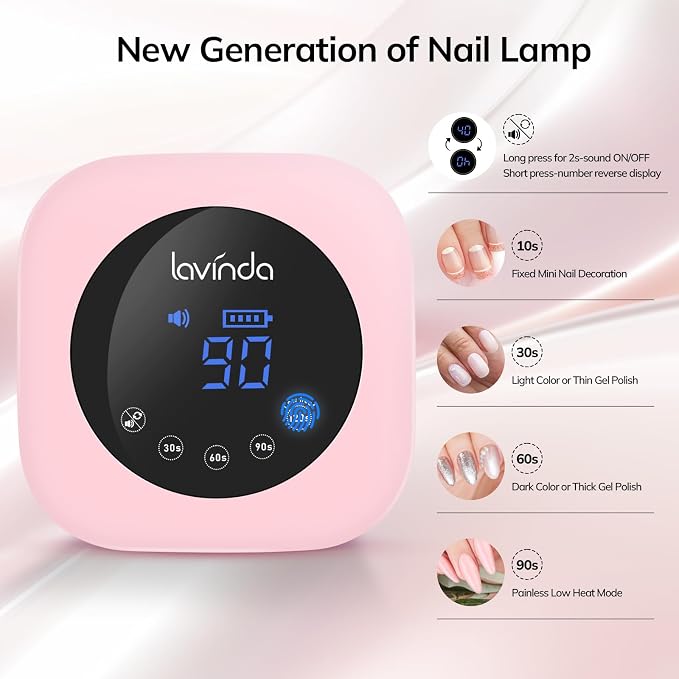 Lavinda 54W Cordless UV LED Nail Lamp for Gel Nails, Matte Macaron Pink | 36 dual-wavelength LEDs, 4 timer settings, auto sensor, LCD touch controls, Removable magnetic base