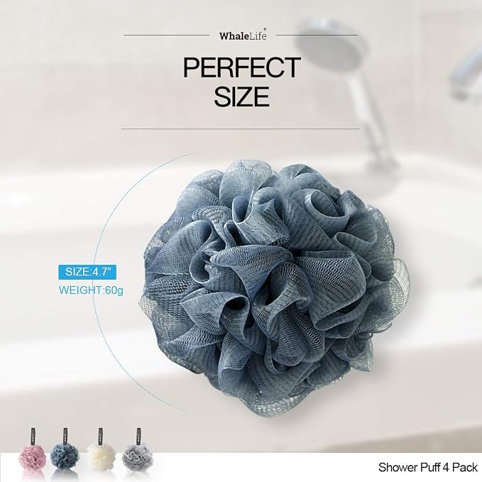 Loofah Sponge Bath Sponge for Women Men 4 Pack (Pink Blue Yellow Gray) | 10X Suds Save Body Wash Double Knotted Anti Tear Core Fast Dry Cotton Loop Stay Fresh Large Mesh for Sensitive Skin