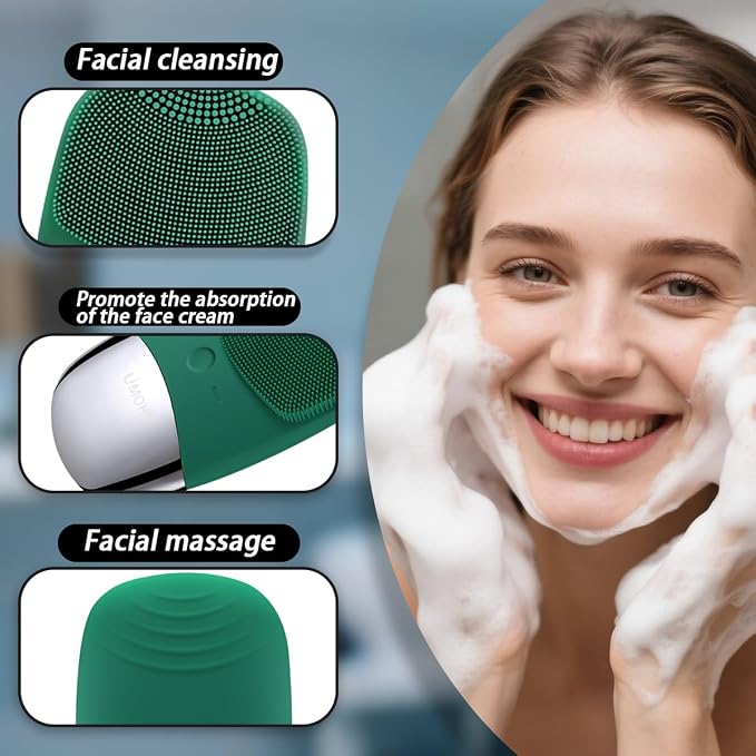 Facial Cleansing Brush, 3-in-1 Electric Silicone Face Scrubber, Vibrating Massager, IPX7 Waterproof, USB Rechargeble Pore Brush for Deep Cleanning, Blackhead Remover, Exfoliating (Green)
