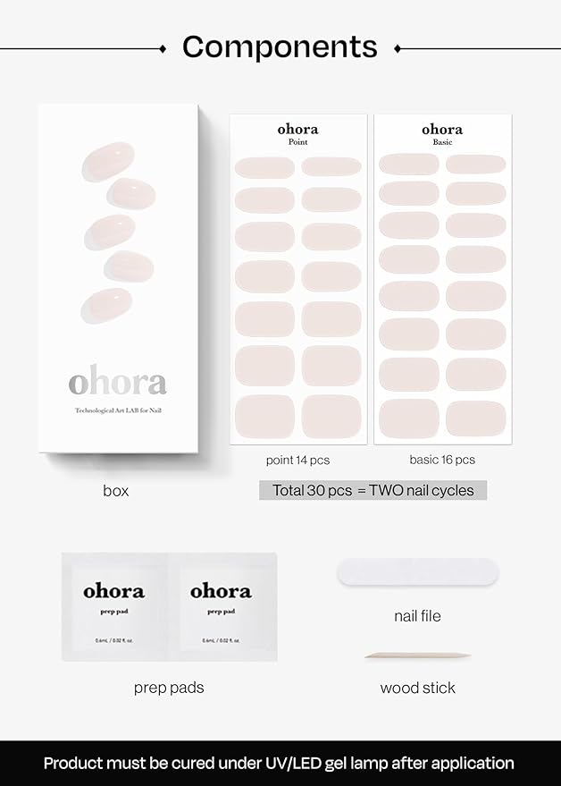 ohora Semi Cured Gel Nail Strips (N Cream Light) - Nude, Solid, Works with Any UV/LED Lamps, Salon-Quality, Long Lasting, Easy to Apply & Remove - Includes 2 Prep Pads, Nail File & Wooden Stick