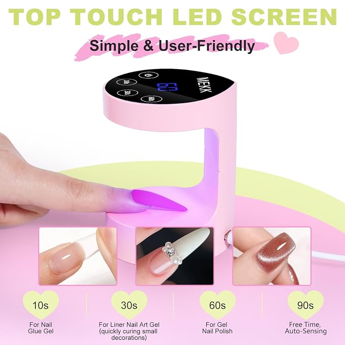 MEKK Mini Flash Cure Nail Lamp, Small UV Light for Gel Nails | Auto Senser,8 LED Beads, 4 Timer Settings, Peach-Shaped, Compact for Travel/Home Use, Fits Single Finger Gel Nails-Pink