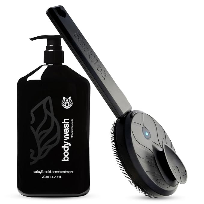 Black Wolf Vibrating Face & Sonic Body Scrubber & Charcoal Powder Body Wash for Men Bundle
