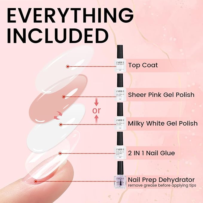 AILLSA Nail Extension Kit Short Almond Nail Tips 240pcs for Starters | 2 In 1 Nail Glue Base Coat and Nail Dehydrator, Nail Extension Kit with Nail Lamp Top Coat for Starters