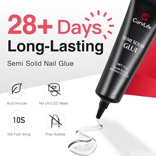 Curvlife Super Strong Nail Glue 15g for Press On Nails - Quick Drying, Semi Solid, Long Lasting, No UV Light Needed (Pack of 2)