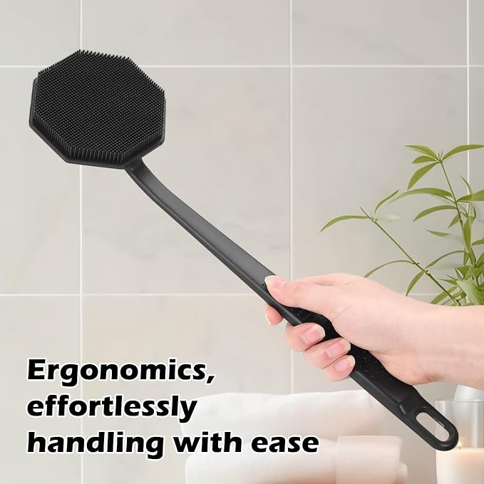 HOKLNUSE Silicone Back Scrubber with Anti-Slip Long Handle Mild Exfoliating Body Shower Brush Soap Applicator Durable Back Scratcher Bath Shower Accessories for Men Women