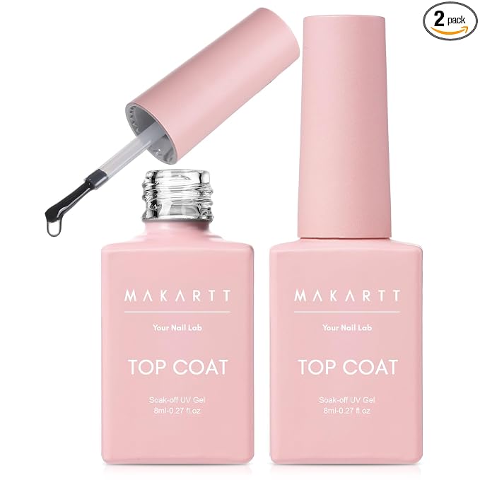 Makartt Gel Top Coat 2PCS: No Wipe, Long-Lasting Glossy Finish | Clear Nail Polish, Non-Yellowing, Pink Bottle, Soak Off with UV/LED Lamp, DIY Manicure Gift for Women