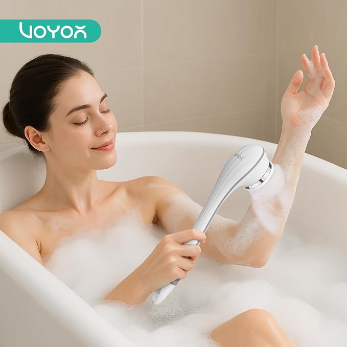 VOYOR Electric Body Brush Back Scrubber for Shower Rechargeable BC100, Grey | Exfoliating Bath Brush Powered Shower Brush with Non-Slip Long Handle Deep Cleansing, Exfoliation, Massaging Spin Brush