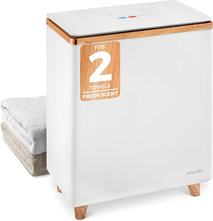 SereneLife Luxury Rectangle Towel Warmer - Spa & Bathroom Heater with Custom Fragrance, Auto Shut-Off, Fits 2 large Towels, Blankets, Bathrobes, PJ's - Perfect Gift for Him & Her (Natural Wood)