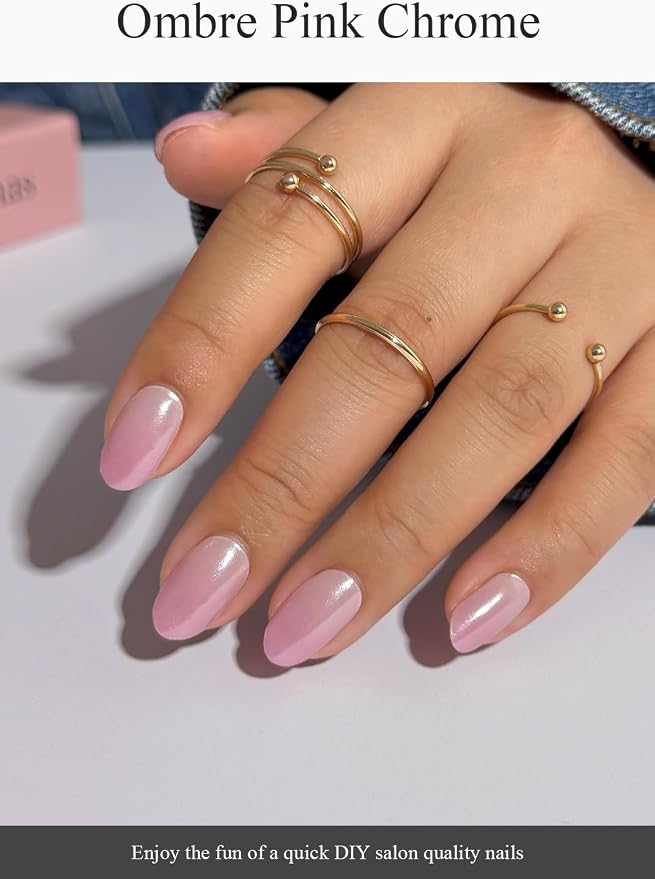 Semi Cured Gel Nail Strips (Glazed Ombre Pink),Chrome, Pearl, 20 Pcs Gel Nail Wraps, Stickers, UV Light Required