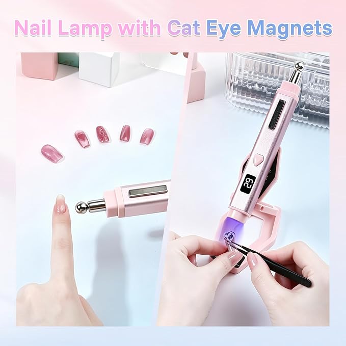 Handheld U V Light for Gel Nails with Cat Eye Magnets and Stand, Mini Portable Flash Cure Nail Lamp with LCD Display Auto Sensor for Home DIY Manicure and Salon