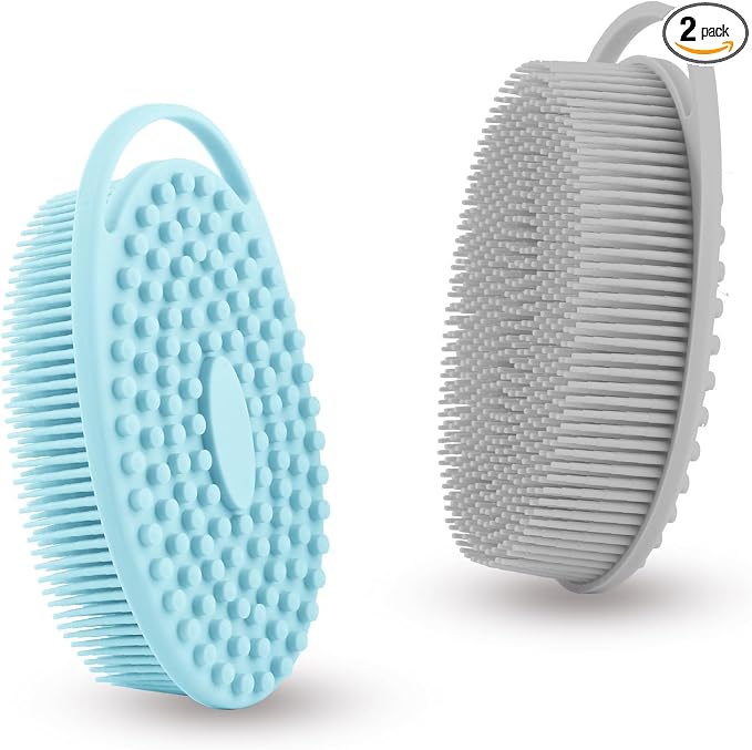 Silicone Body Scrubber, Exfoliating Silicone Loofah, Soft Silicone Body Shower, 2 in 1 Bath and Shampoo Brush, Body Scrubber Shower Cleaning for Sensitive Skin, Lather Well 2 PCS Grey and Blue