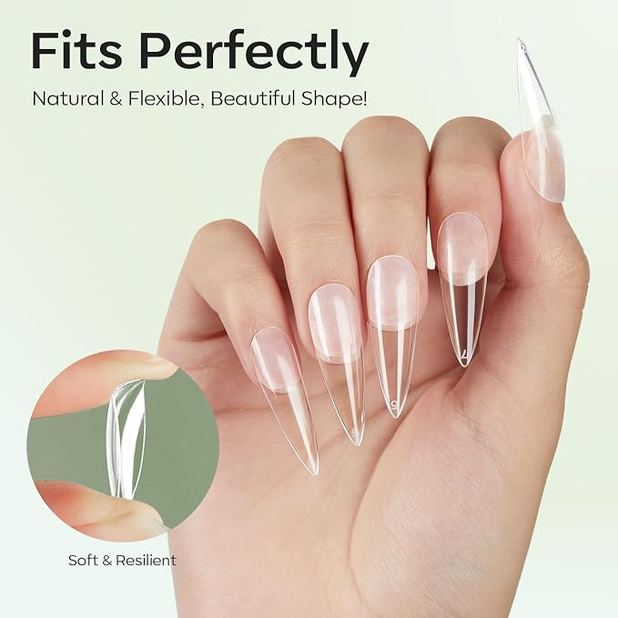 Modelones Long Stiletto Nail Tips Pre-shaped Soft Gel Fake Nails False Full | Acrylic Clear Full Cover Press on Extension Kit Gel Manicure DIY at Home 216PCS 12Sizes