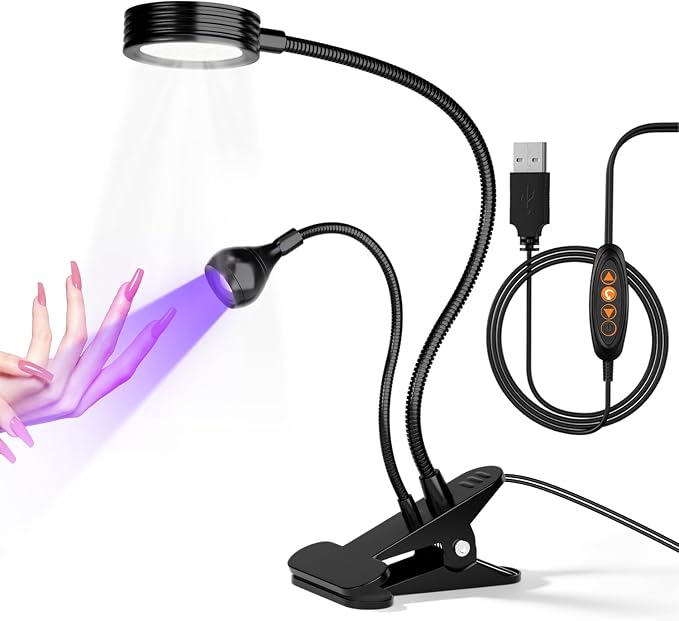 UV Nail Lamp with LED Lighting Fixtures, Single Nail Dryer | UV Light for Gel Nails, Flash Cure Nails Lamp, Gooseneck Clamp Home and Salon, 395+400nm Black