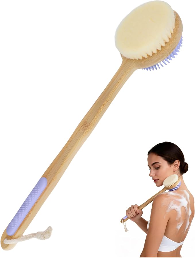 Back Scrubber for Shower - Double-Sided Silicone and Super-Dense Bristles for Deep Cleaning & Exfoliation, Bamboo Long Handle with Wider Anti-Slip Grip, Rich Foam, Durable (Purple)