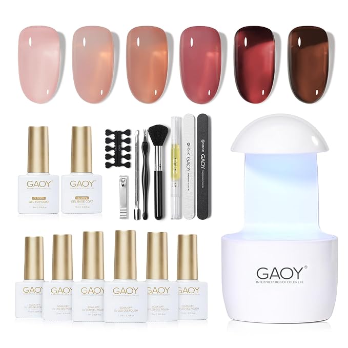 GAOY Gel Nail Polish Kit with UV Light, 6 Colors | Sheer Nude Red Pink Brown, Gel Polish Kit, with Top and Base Coat, for Beginners, Salon and Home Nail Art DIY, Rose Garden