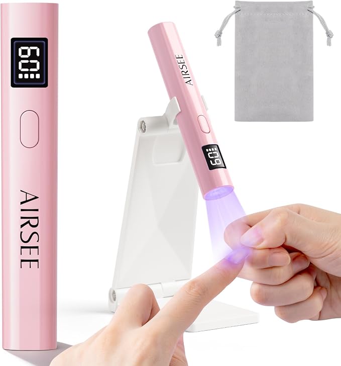 AIRSEE Mini Handheld UV Light with Storage Bag & Display,Pink-with Stand | Cordless Nail Lamps,2 Timers for Fast Cure All Soft Gels, Especially Rhinestone Glue and Gel Nail Strips at Home,Travel