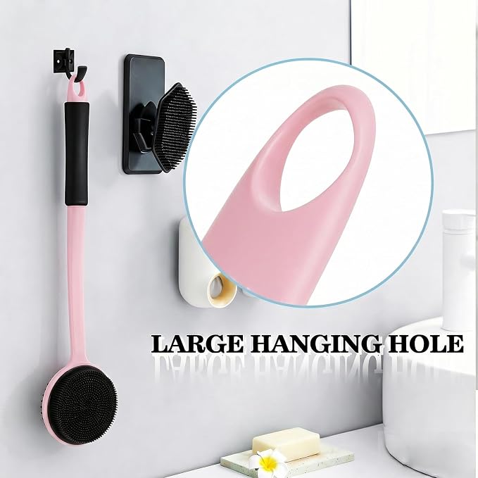 Back Silicone Rubber for Shower|17“ Curved Long Handle Body Brush|Dual-Sided Firm Exfoliating&Soft Bristles for for Men & Women|Silicone face Scrubber (Black face Brush and Pink Back Scrubber Set)